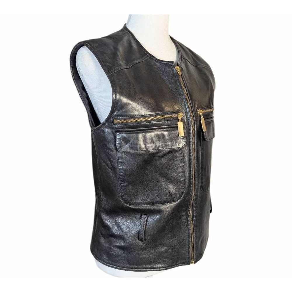 Vintage Vakko Black leather zip front pocket biker vest womens XS/S